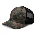 Camouflage trucker hat with black mesh and 'Crown Heaven' logo on a white background
