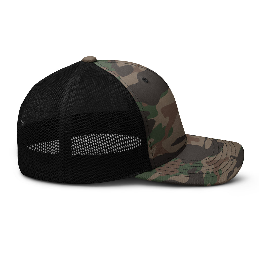 Black and camouflage trucker hat on a white background