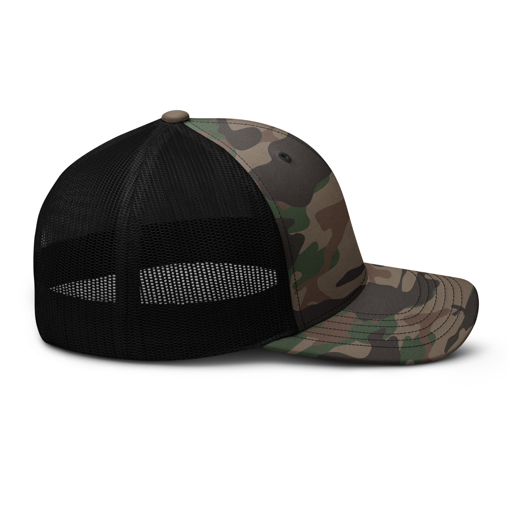 Black and camouflage trucker hat on a white background