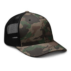 Camouflage Trucker hat with black mesh back on a white background