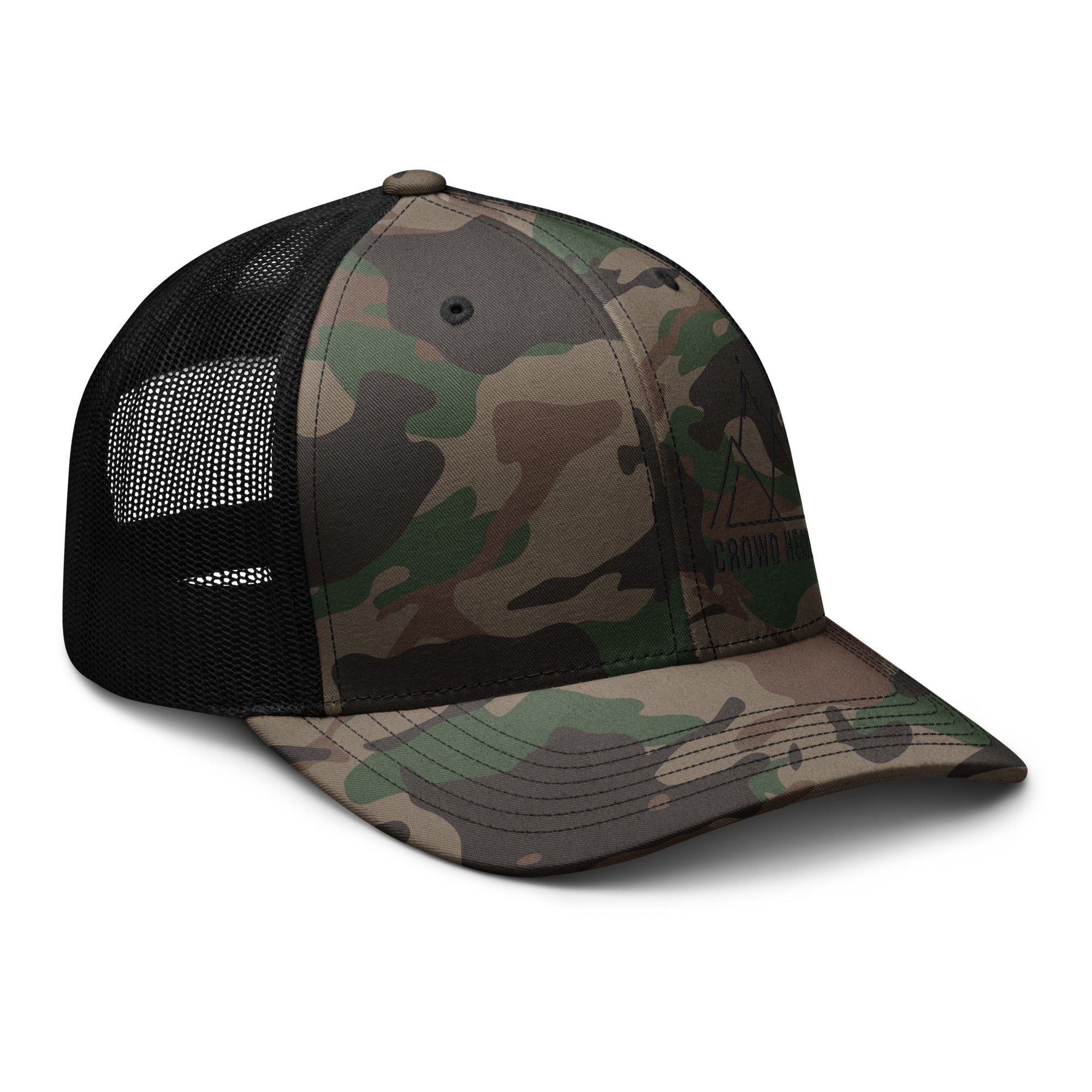 Camouflage Trucker hat with black mesh back on a white background