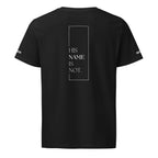 Black t-shirt with 'His Name Is Not' text on the back, on a white background