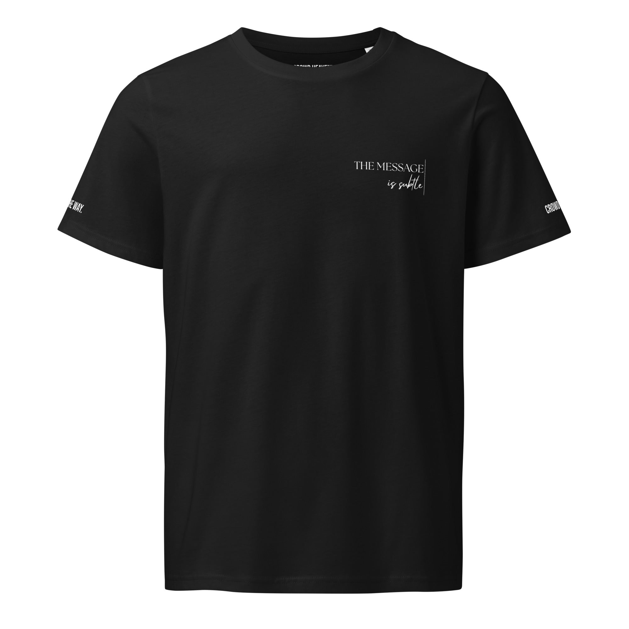 Black t-shirt with text on a white background