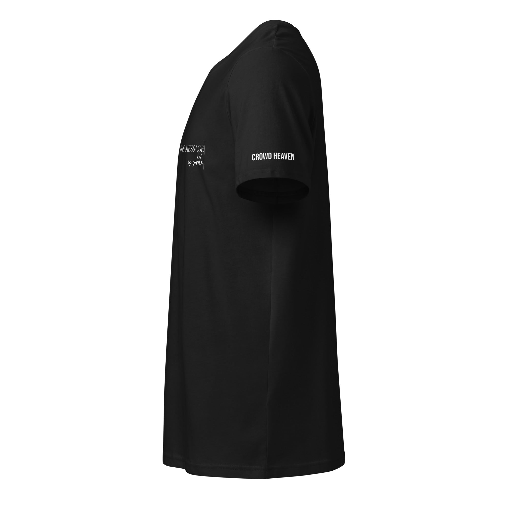 Black t-shirt with text on sleeve against a white background
