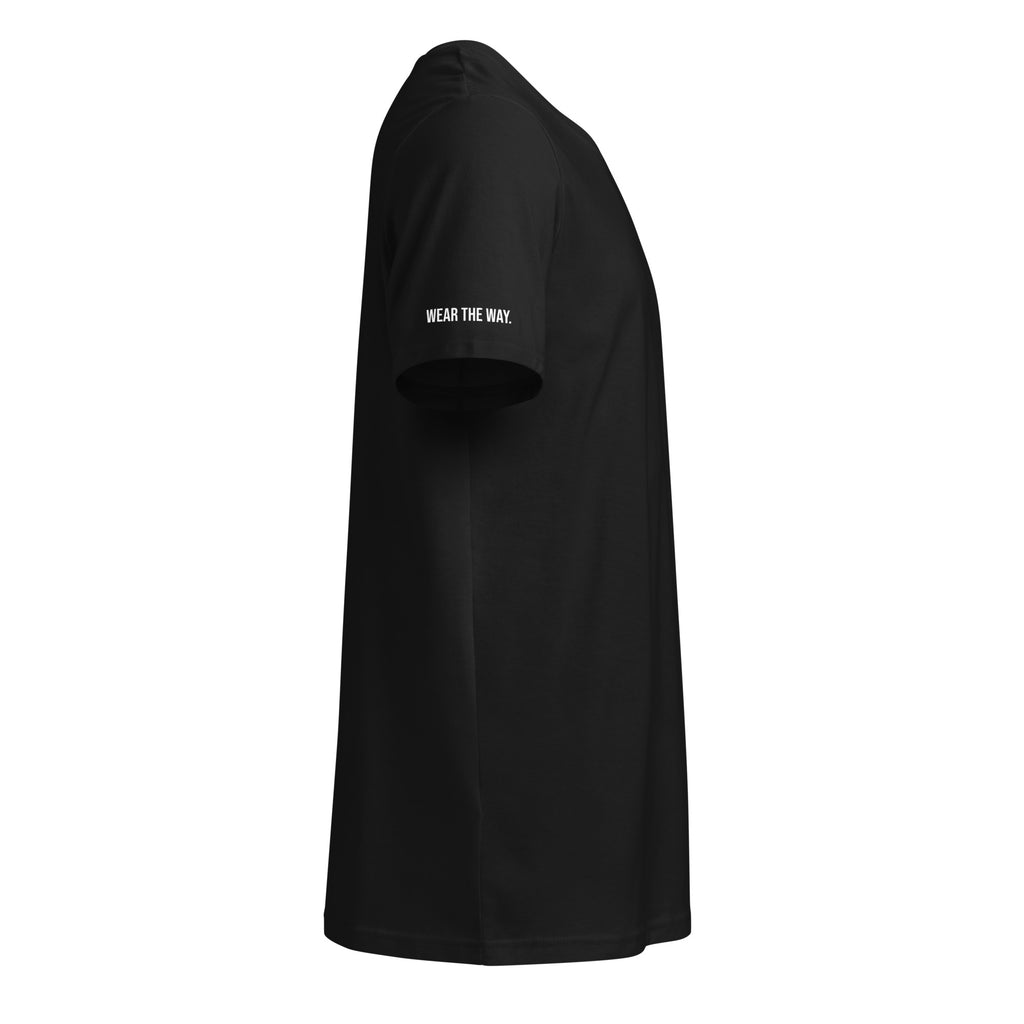 Black t-shirt with 'Wear the Way' text on a white background