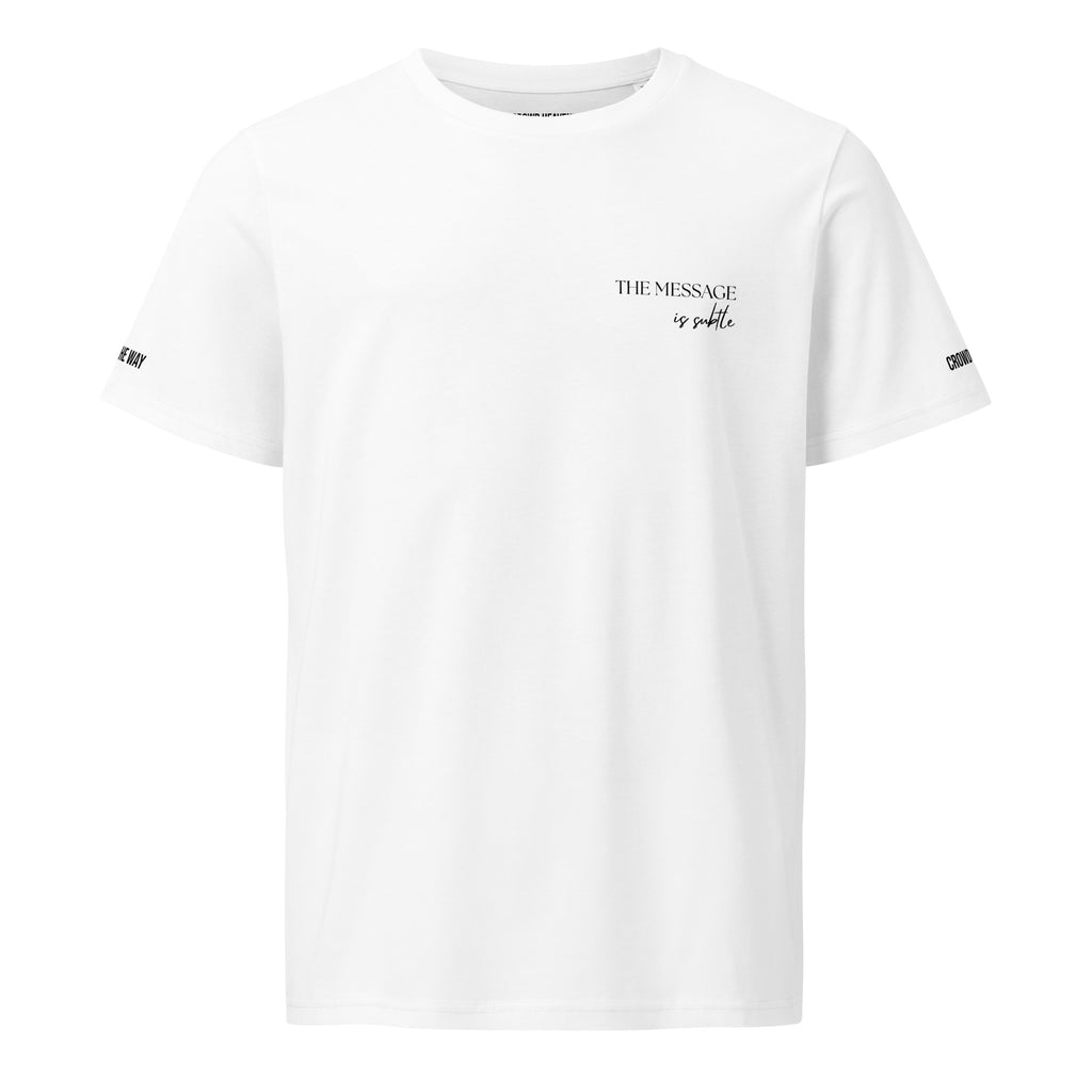 White t-shirt with text on a white background