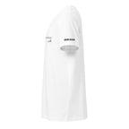 White long-sleeve shirt with branding on a white background