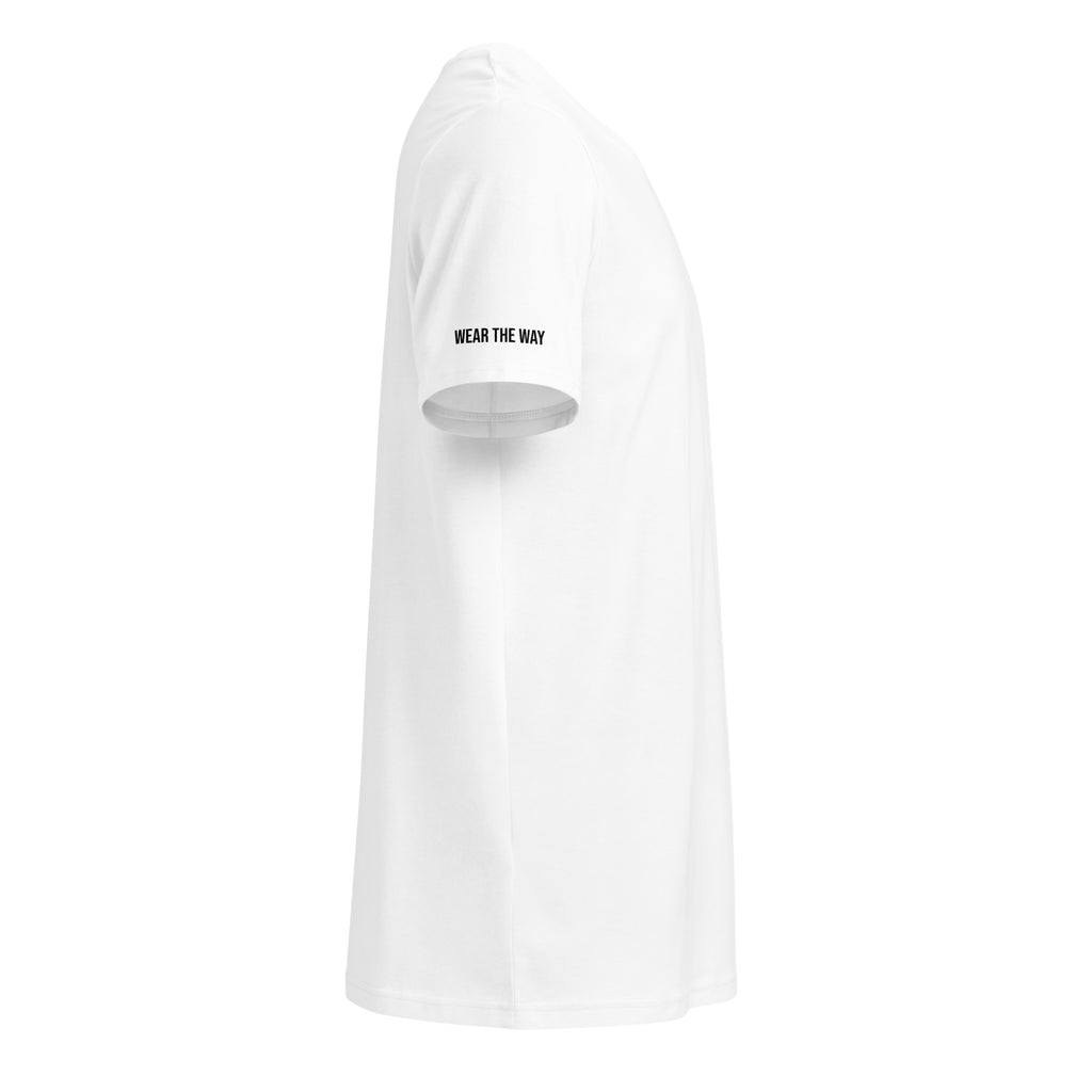 White t-shirt with 'Wear the Way' text on a white background