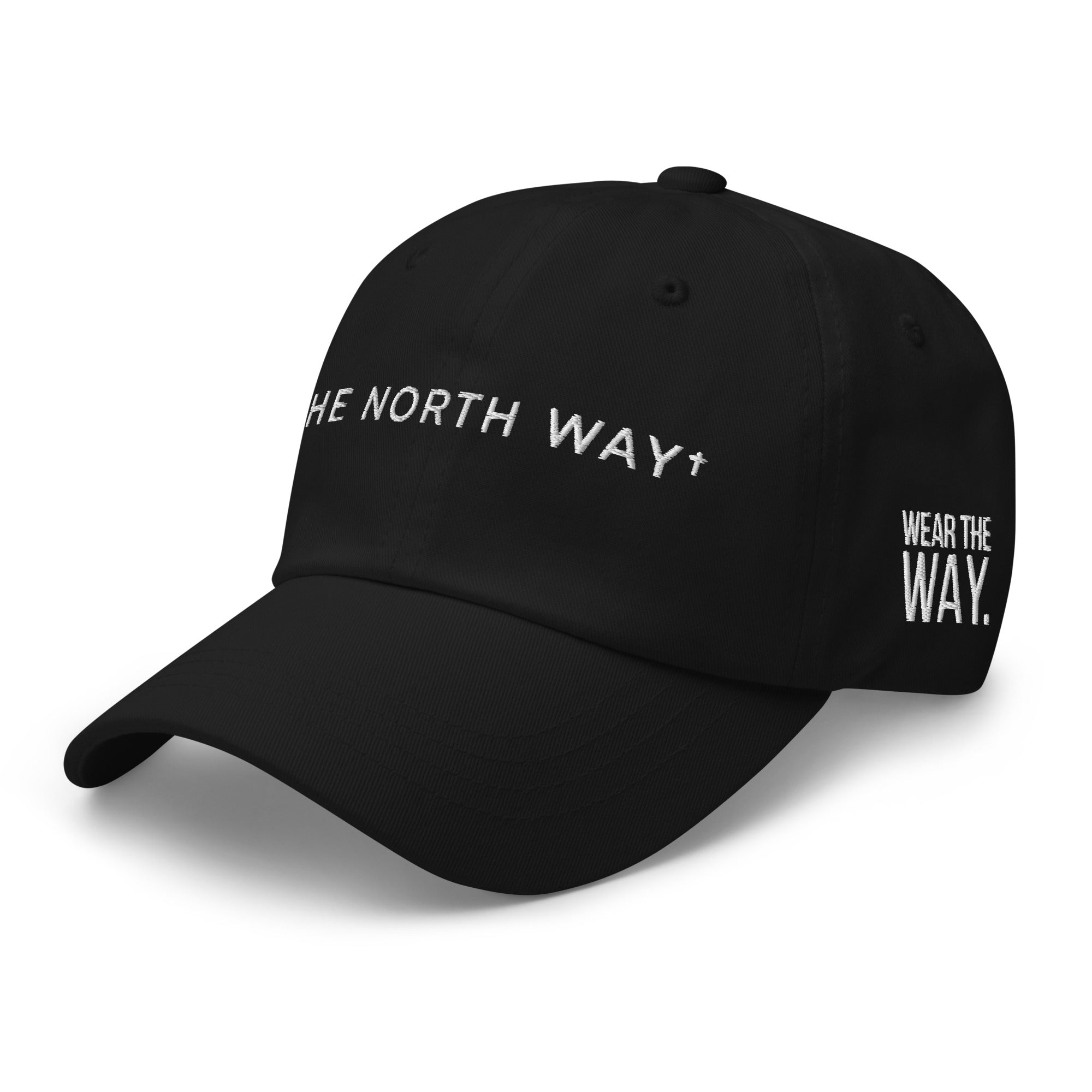 Black dad hat with 'The North Way' text on a white background