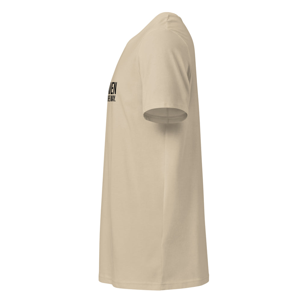 Beige t-shirt with a logo on the sleeve against a white background