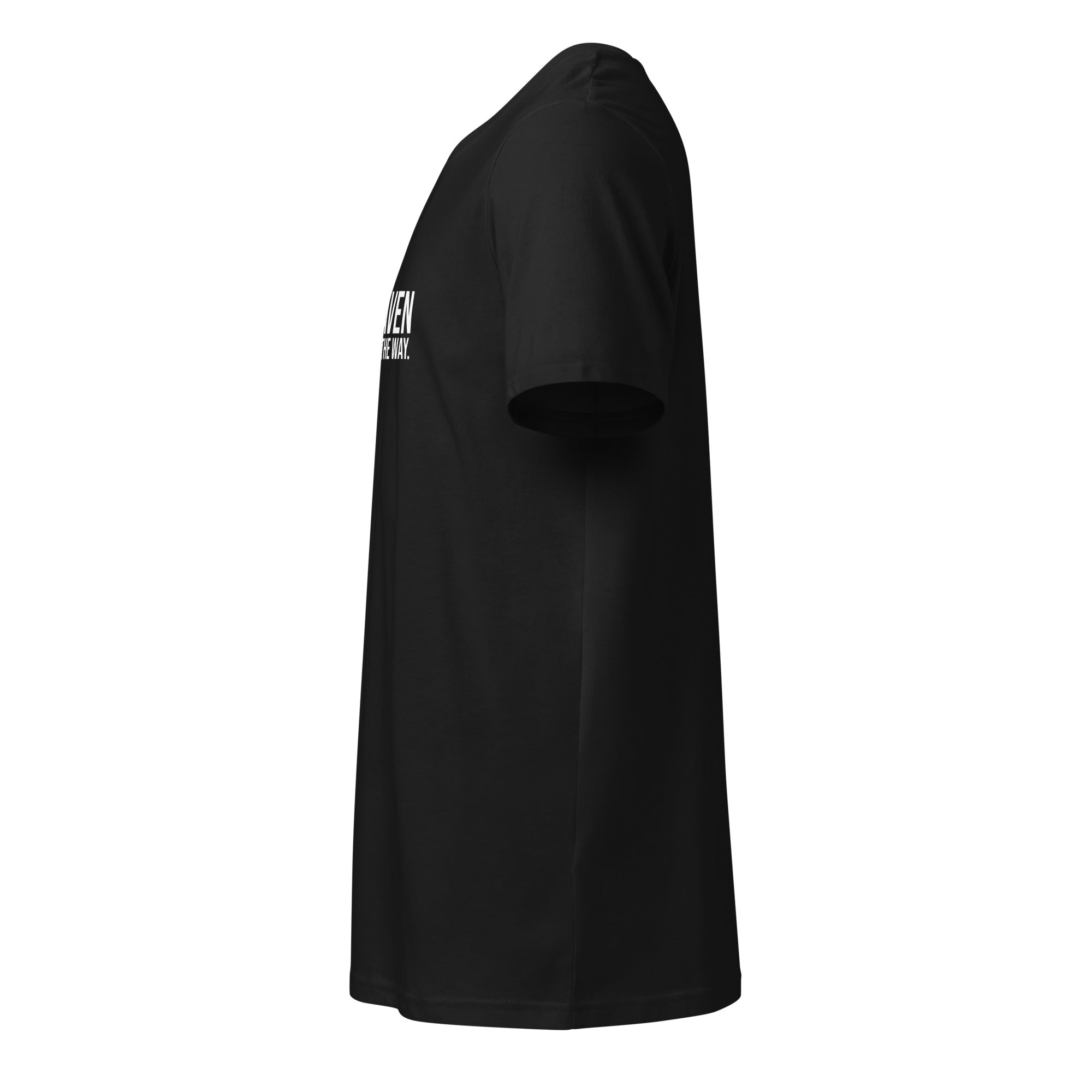 Black t-shirt with white text on a white background