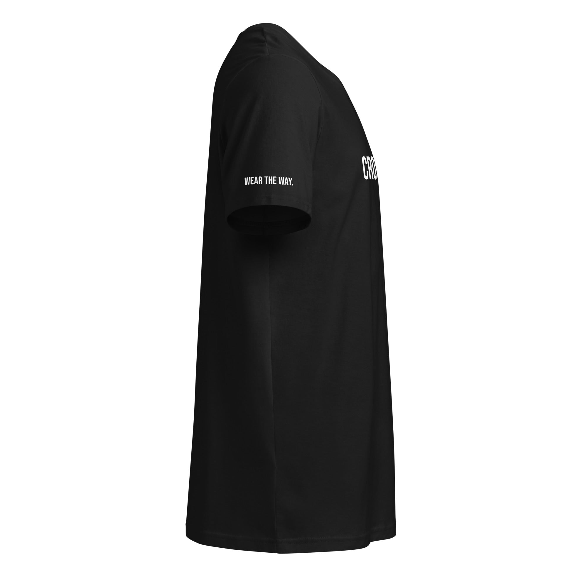 Black t-shirt with text on sleeves against a white background