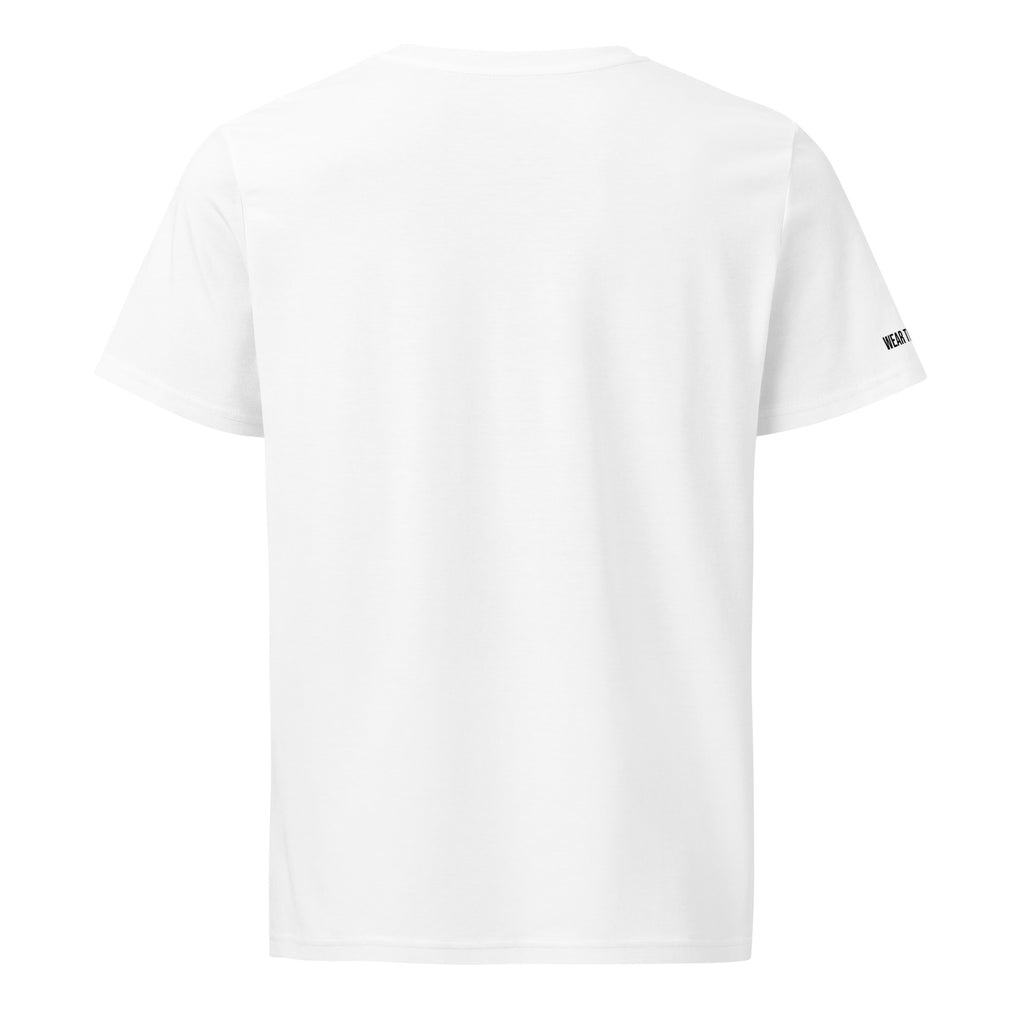 White t-shirt with a small black logo on the sleeve against a white background