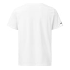White t-shirt with a small black logo on the sleeve against a white background