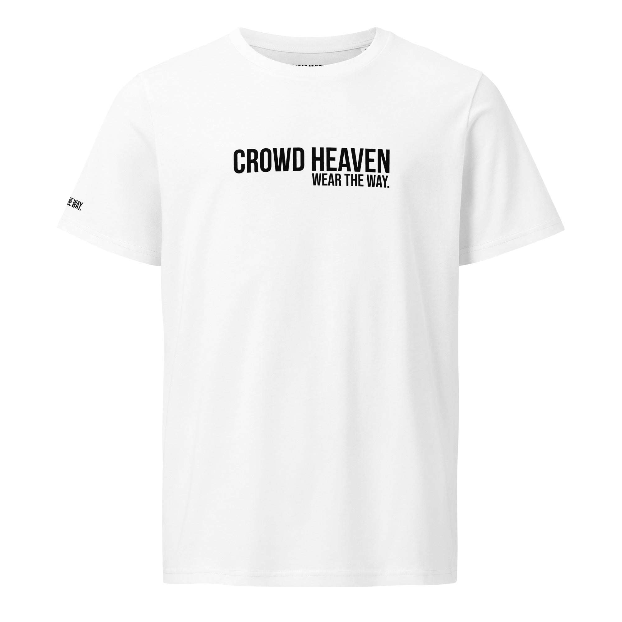 White t-shirt with 'CROWD HEAVEN WEAR THE WAY' text on a white background