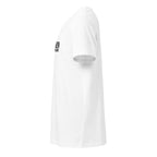White t-shirt with black text on a white background