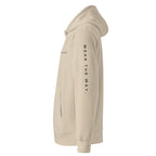 Beige hoodie with text on a white background
