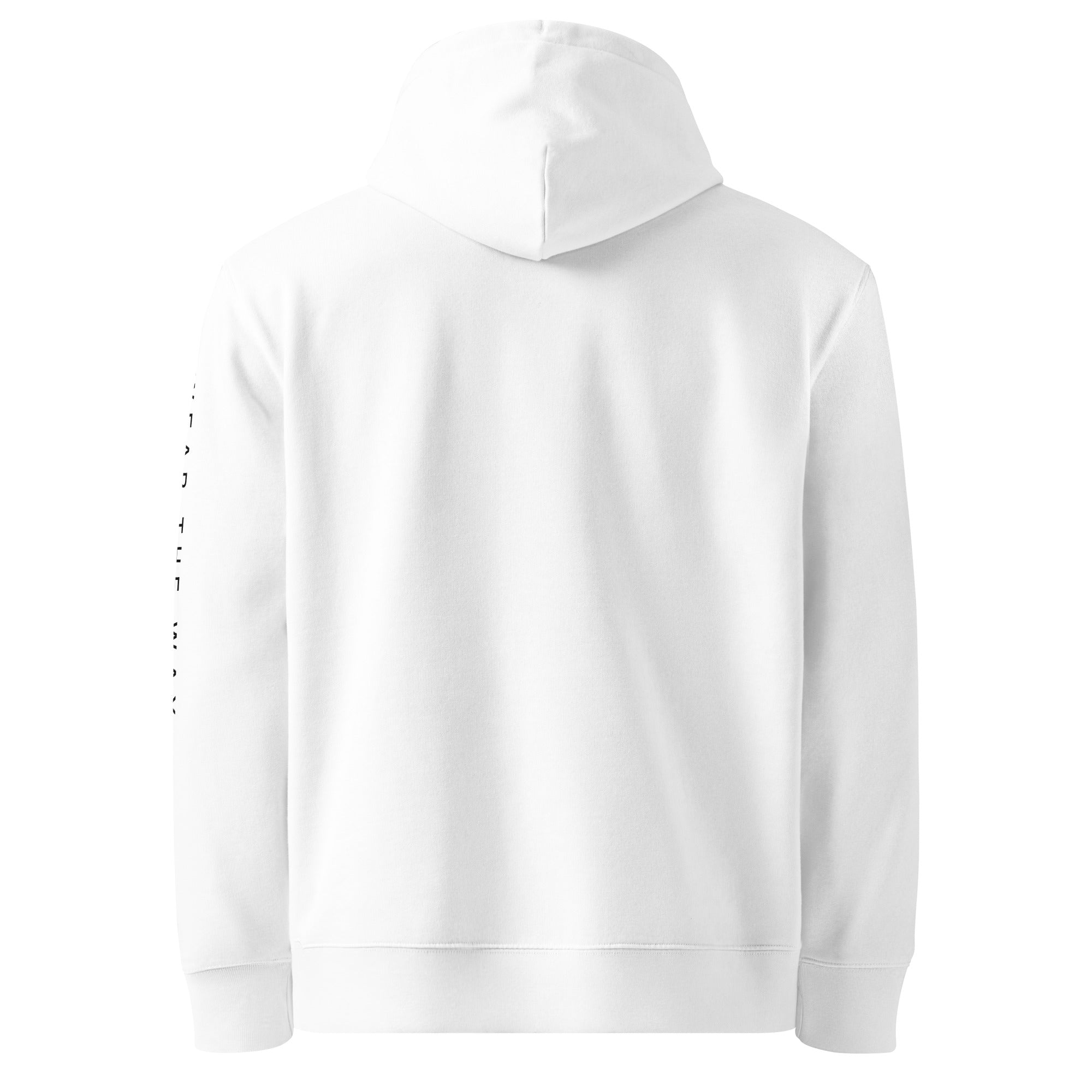White hoodie with a small logo on the sleeve against a white background