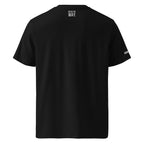 Black t-shirt with text on the back and a logo on the sleeve against a white background