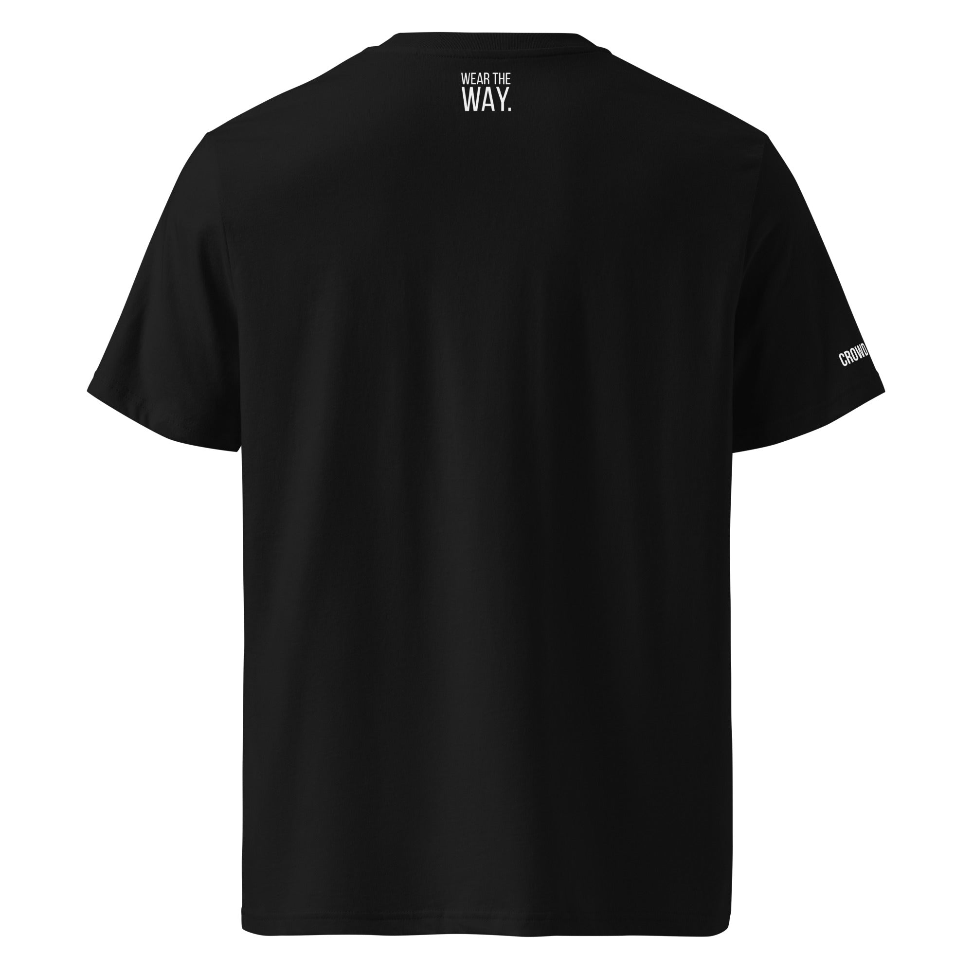 Black t-shirt with text on the back and a logo on the sleeve against a white background