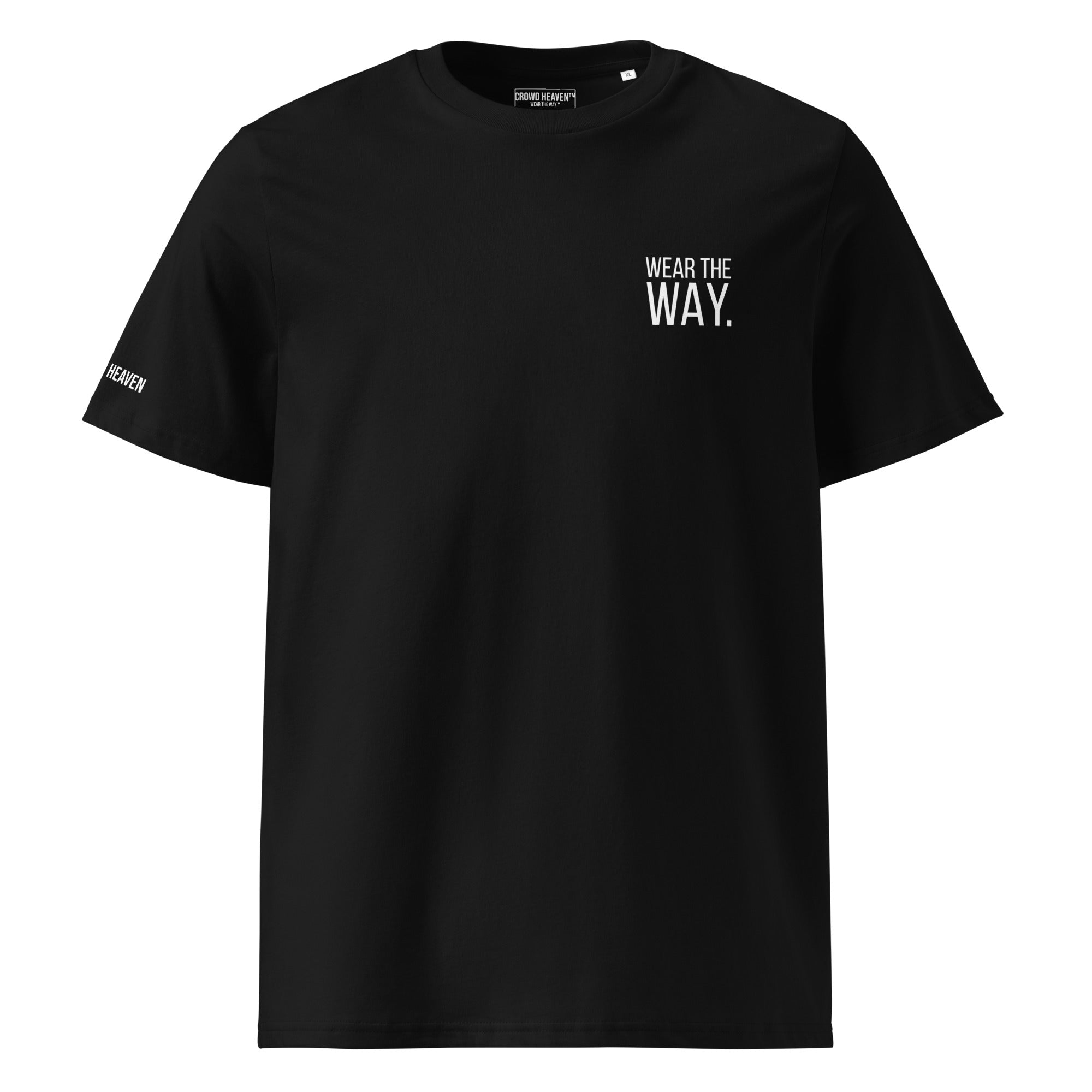 Black t-shirt with 'WEAR THE WAY' text on a white background
