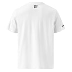 White t-shirt with text on the back and a logo on the sleeve against a white background