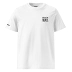White t-shirt with black text on a white background