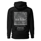 Black hoodie with text and graphic design on the back against a white background