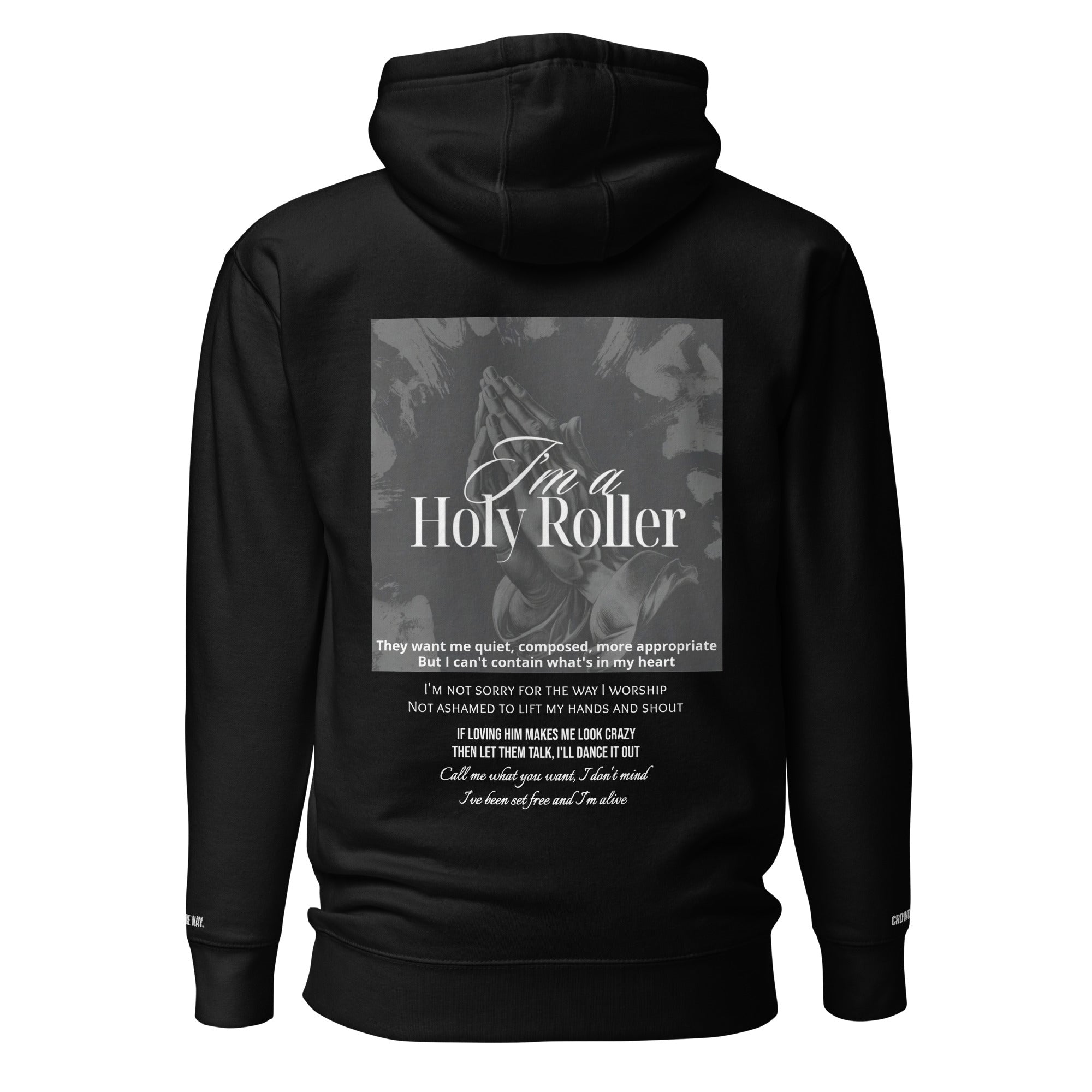 Black hoodie with text and graphic design on the back against a white background